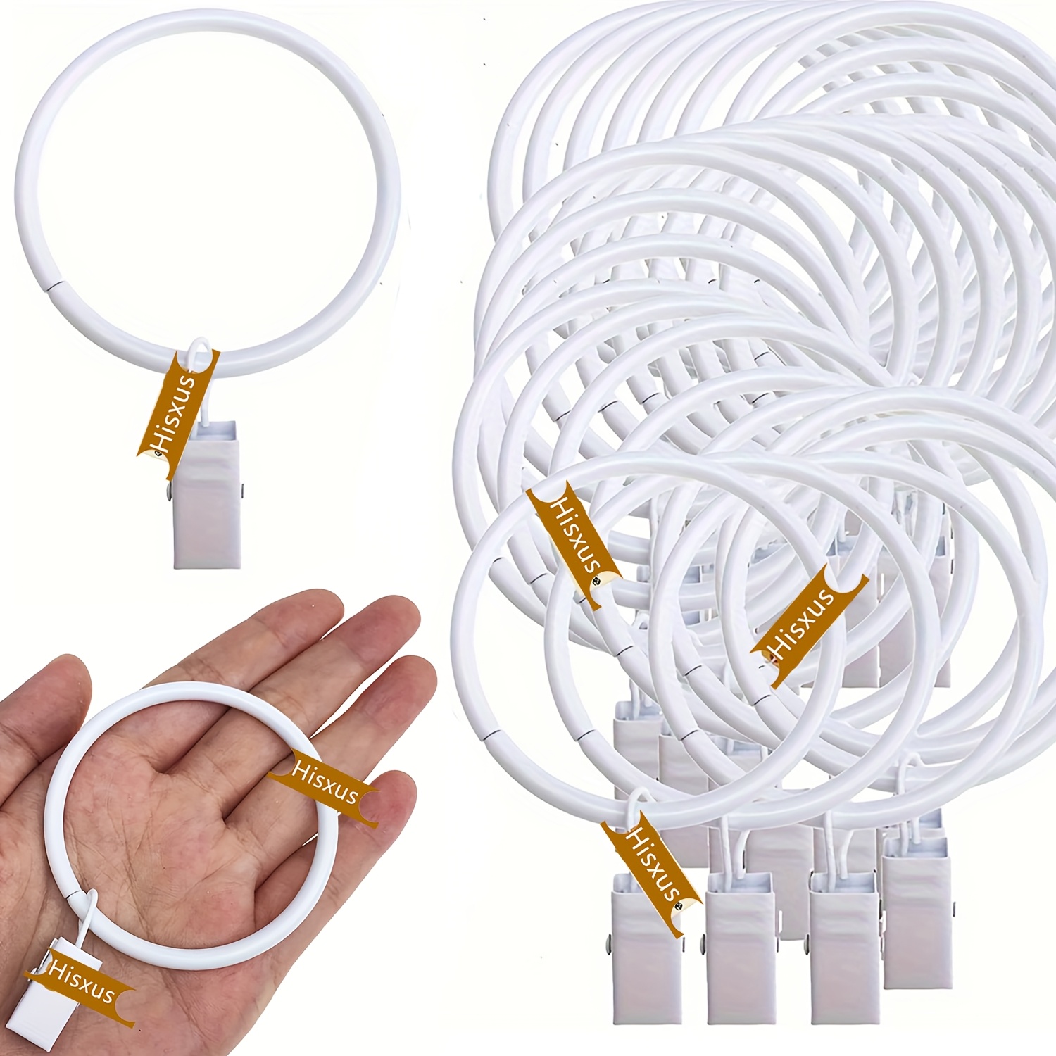 30pcs White Metal Curtain Rings With Clips - Decorative Drapery Rod Holders, Versatile Sizes For Bathroom, Living Room, And Decor