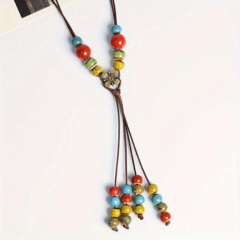 

Boho-chic Handcrafted Ceramic Bead Necklace - Vintage Multi-layer Pendant With Leather Cord, Perfect For Parties & Holidays