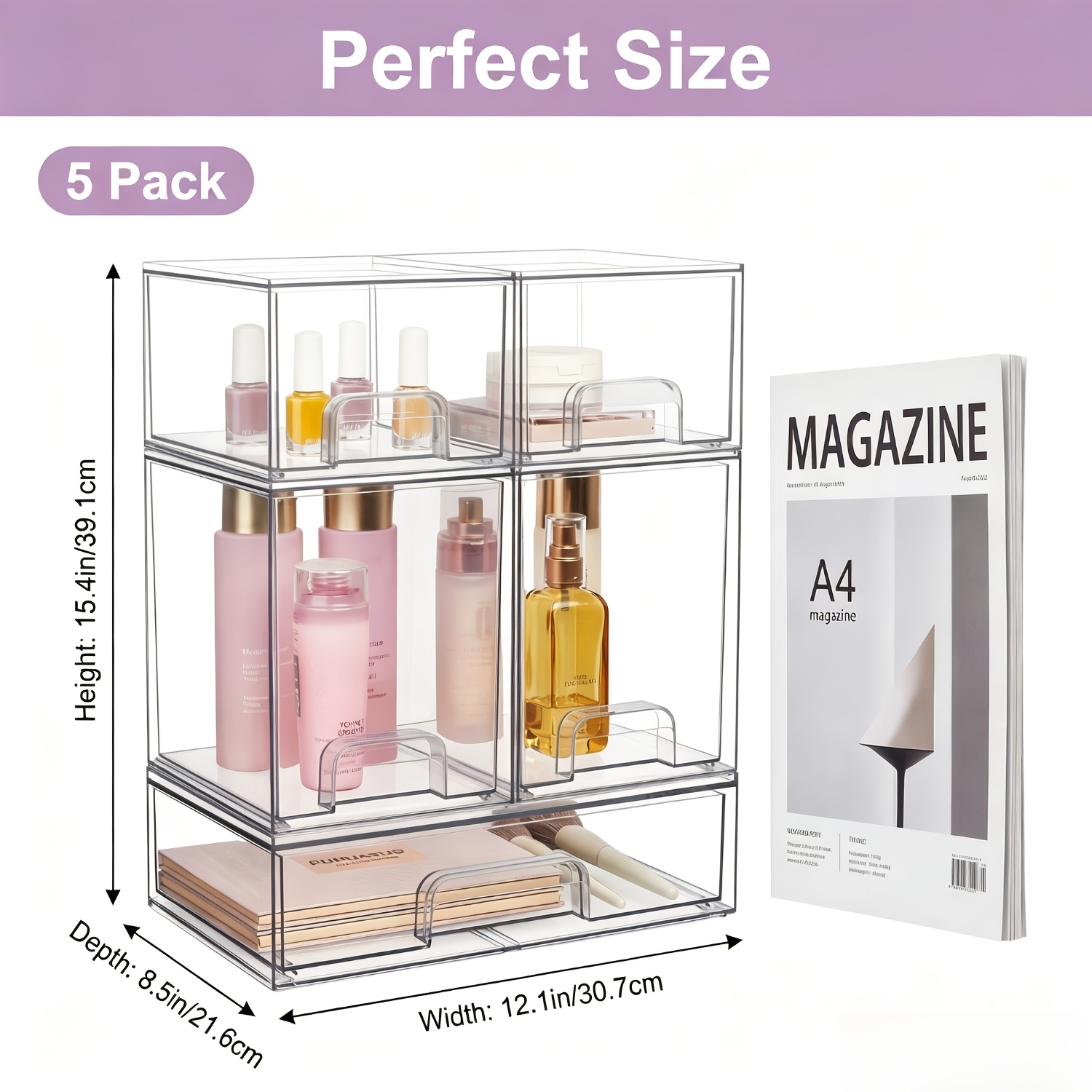 Image of 5-pack Clear Acrylic Makeup Drawer Organizer, Stackable Small Plastic Storage Drawers For Vanity Cosmetics, Bathroom Countertop Makeup Storage Box