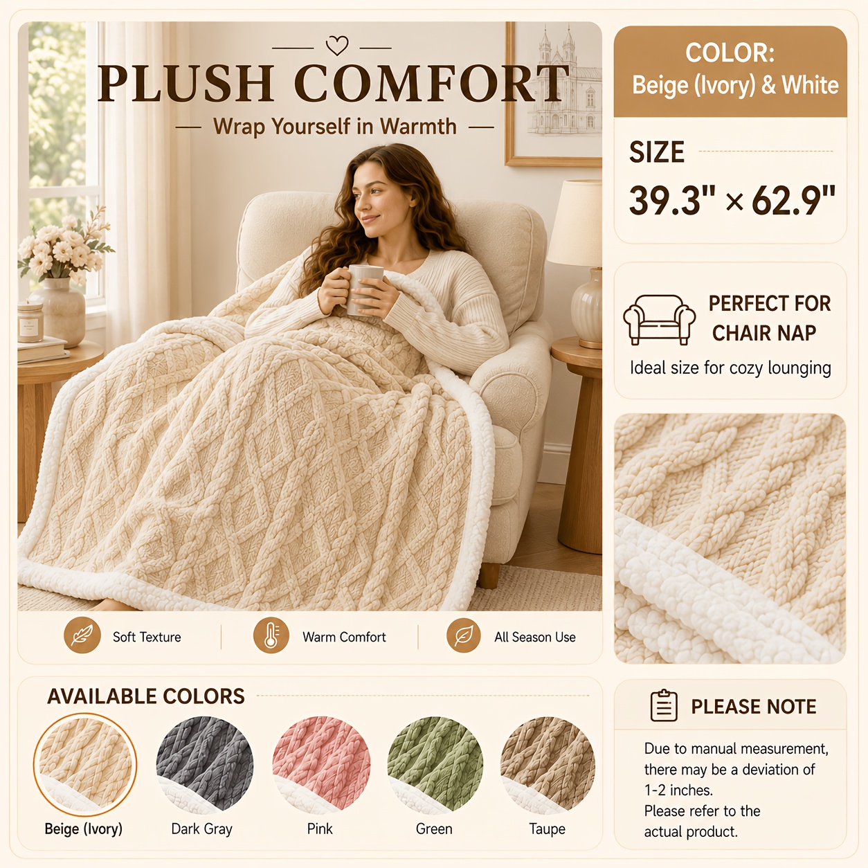 TEMU 1 Double-layer Blanket Extra-thick, Soft, Skin-friendly, Sturdy, Warm, And Machine-washable Perfect For Office , Sofa Covers, Bedrooms, Hotels,