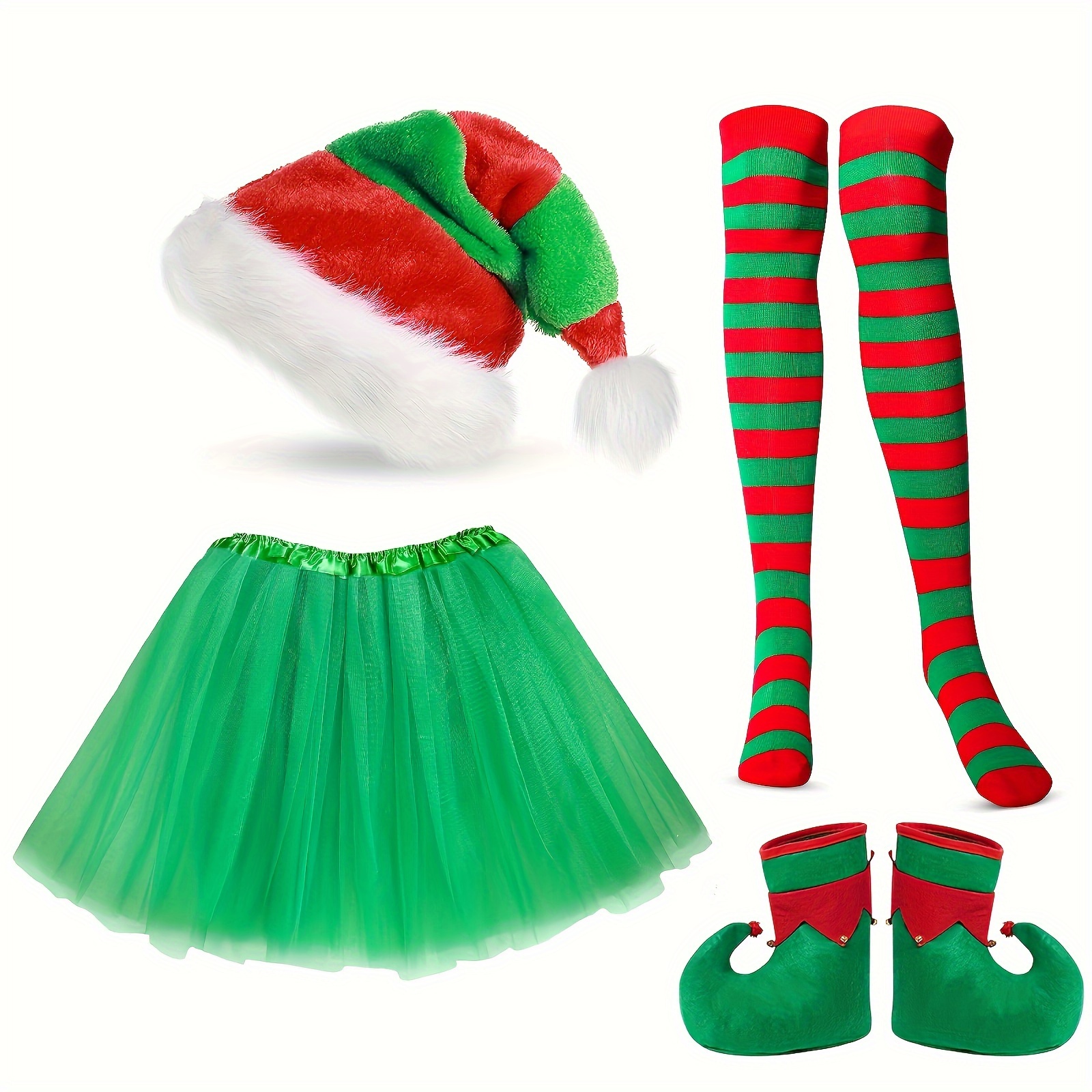 

4pcs Adult Christmas Elf Costume Set - Includes Santa Hat, Green Skirt, Striped Socks, And Shoe Covers - Holiday Parties & Cosplay, Polyester Material, Christmas Outfits