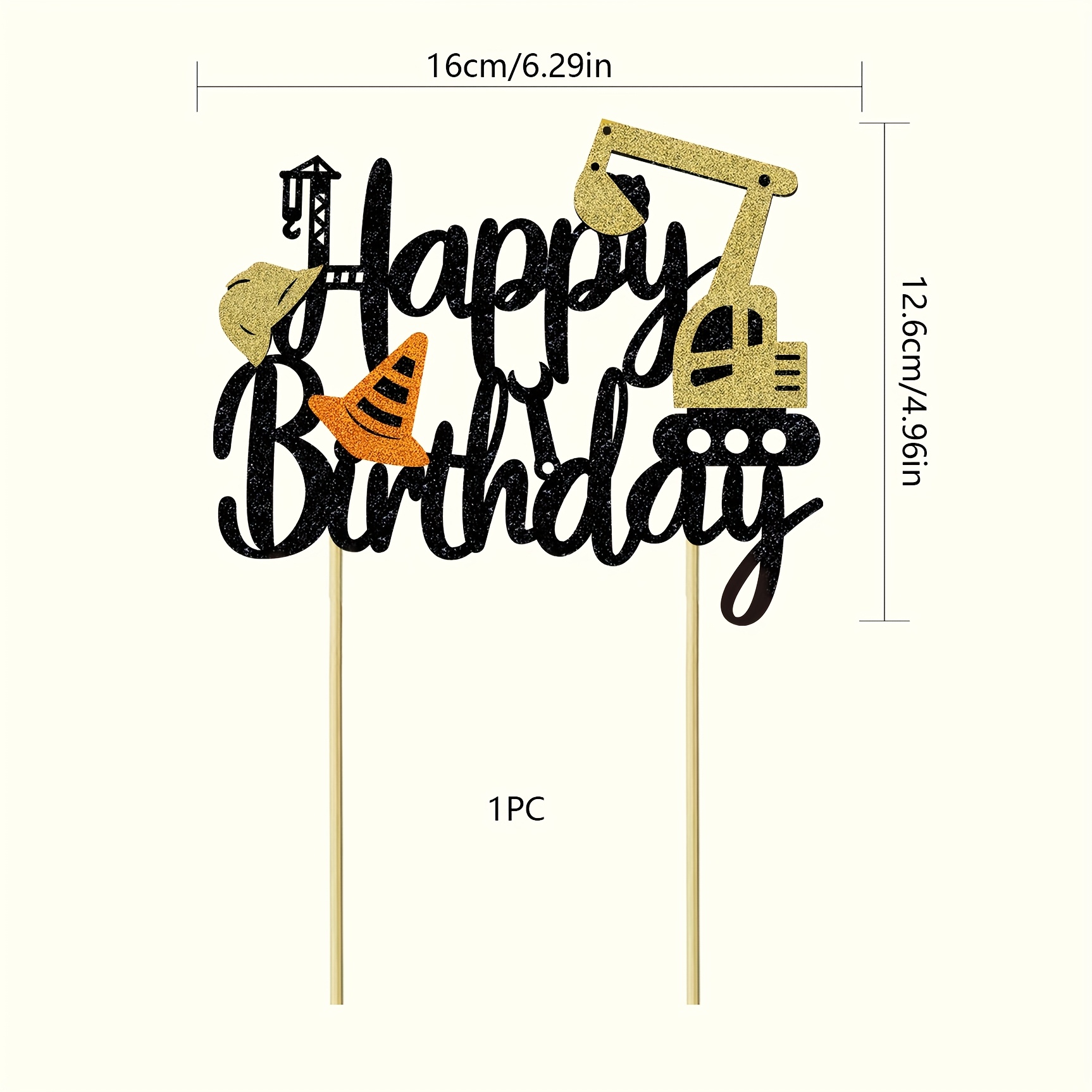 1pc Construction Happy Birthday Cake Topper Glitter Construction Cake Pick Excavator Cake Decorations For Construction Theme Baby Shower Birthday Party Supplies