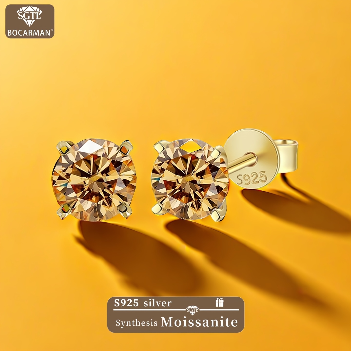 TEMU Stylish Earrings For Women: Made Of S925 Silver With Plating, Featuring Champagne Synthetic Moissanite - A Shiny And