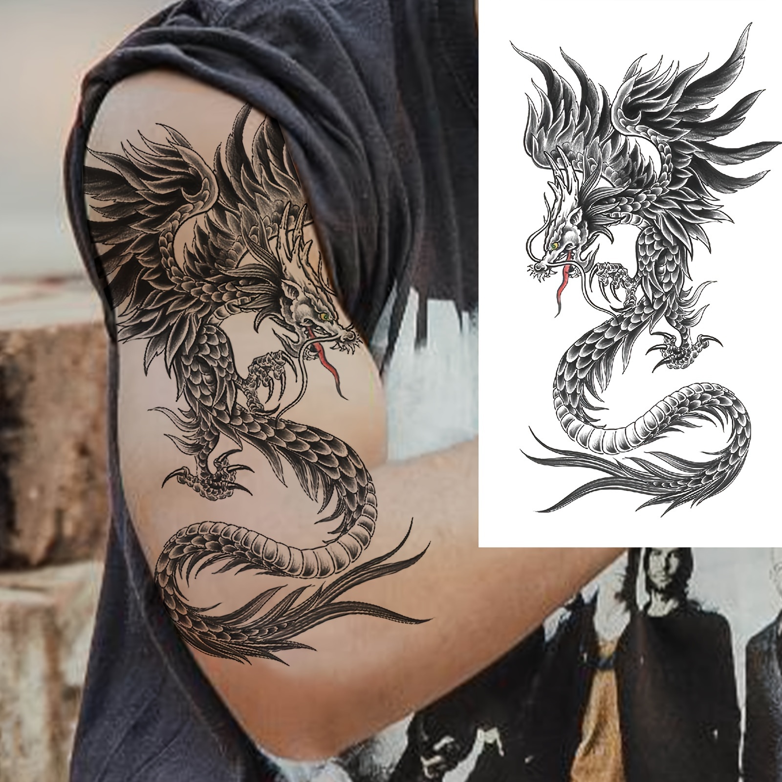 Temporäres Drachen-Tattoo – 1 Blatt Schwarzes Fake-Tattoo Für Festivals, Partys Oder Einfach So