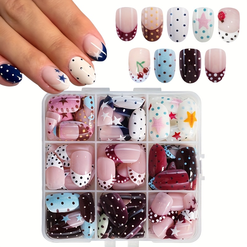 TEMU 216pcs Oval Multicolor -on Set, Colorful Polka Dots Stars Ladybugs Cherries, Colorful Dopamine, Includes (2pcs 1pc Nail File), Women's Party, Evening And Daily Wear, Reusable And Removable