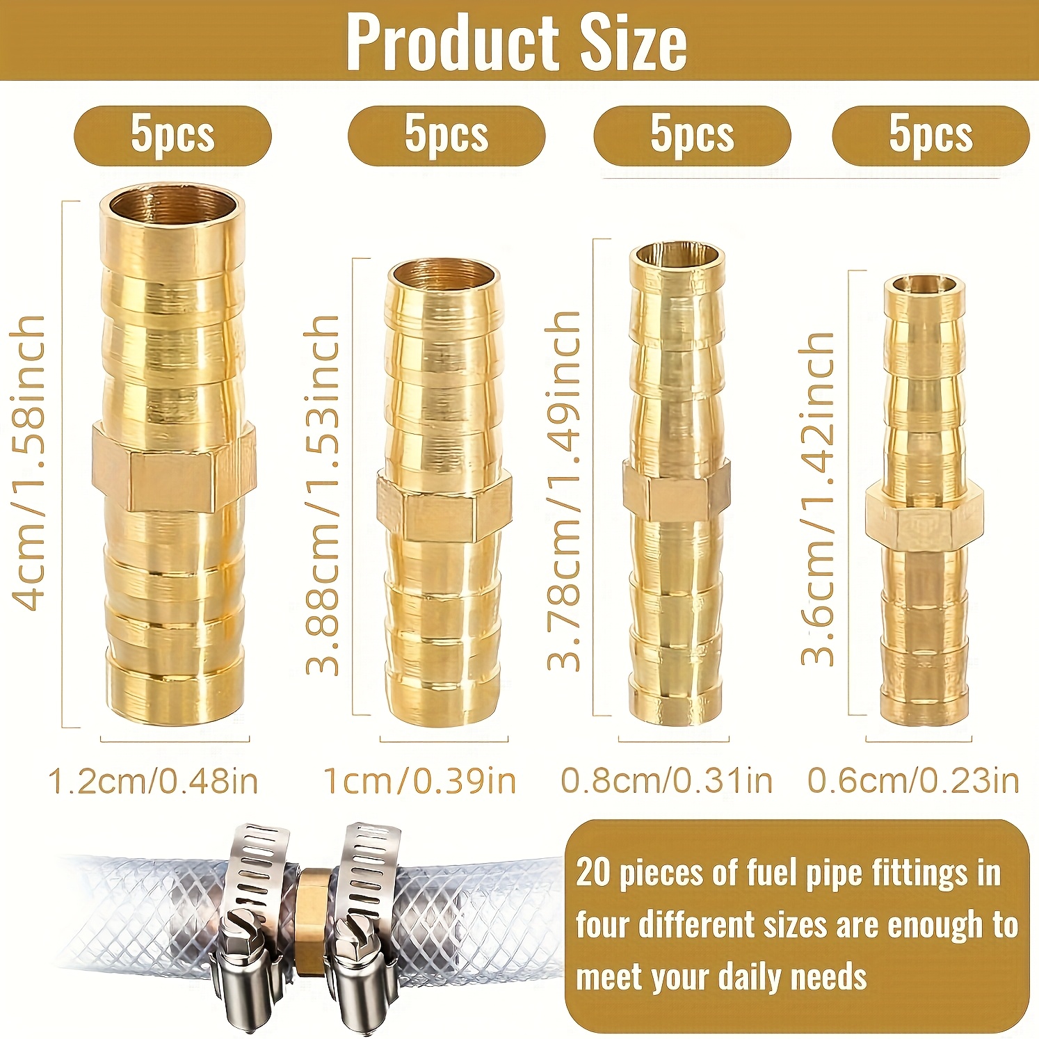 20-pack Brass Hose Connectors Set | Leak-proof, Universal European And American Thread Standard, Multiple Sizes (6mm/8mm/10mm/12mm) For Air/water/fuel/oil Piping