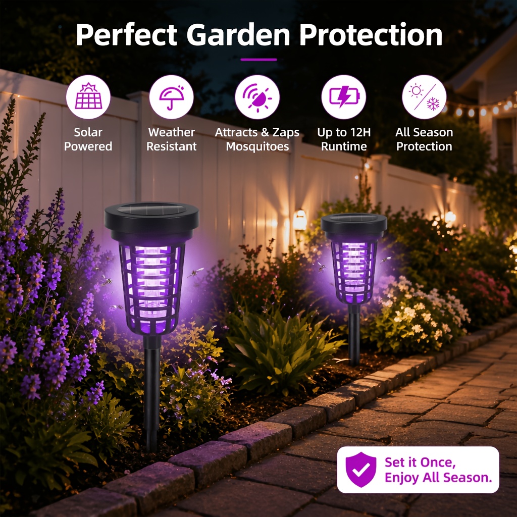 TEMU [solar Bug Zapper] 2pcs Solar Bug Zapper Outdoor Zapper For Patio Backyard Garden Pathway Insect Repellent Purple And White Light