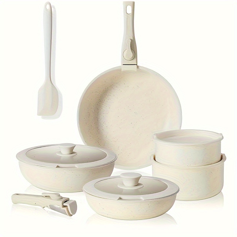 TEMU Olixis Brand 12 Piece Nonstick Cookware Set - Kitchen Cookware Set With Removable Handles, Induction Cookware, Dishwasher Oven Safe, Beige