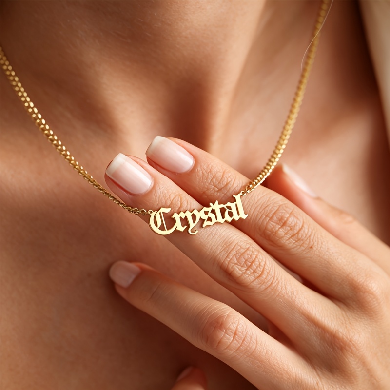 TEMU Personalized Old English Name Necklace For Women 18k Gold Plated Stainless Steel Cuban Link Chain Custom Gothic Nameplate Pendant Hypoallergenic