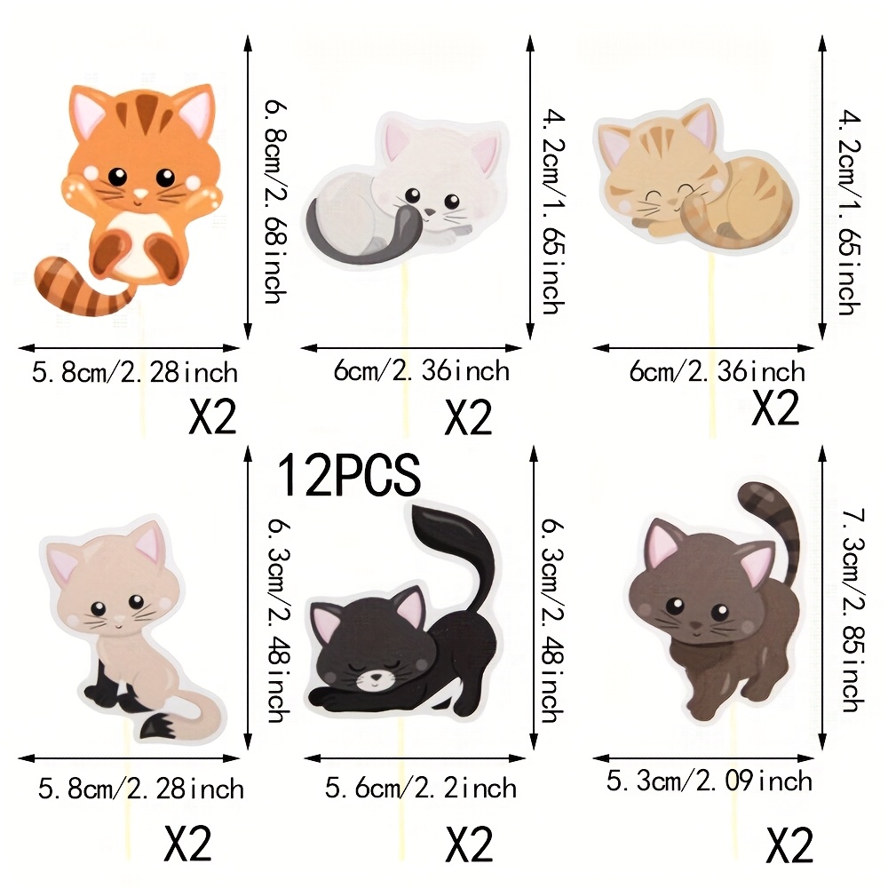 12-pack Cute Kitten Cupcake Toppers For Pet Birthday Theme Parties, Birthday Decorations