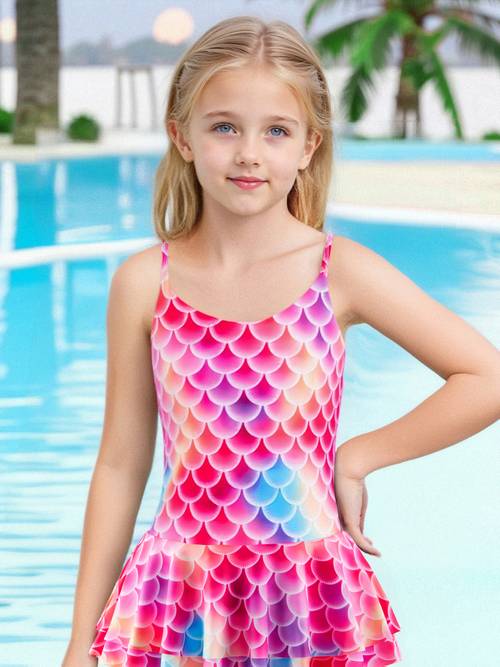 imagen del artículo traje de baño estilo vestido para niña, 1 pieza, bikini con de pez en 3d, de para termales con cuello halter, lindo traje de baño de princesa para piscina para niñas de talla a