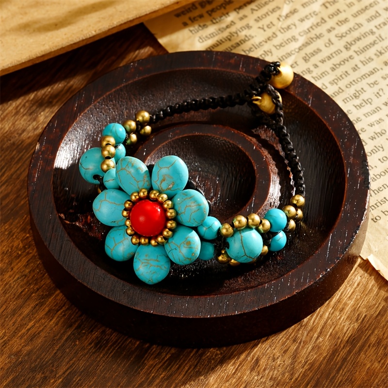 A Stylish Women's Bracelet, Vintage Bohemian Turquoise Flower Handmade Bracelet, 16.8g, Waxed Thread Woven Bracelet With Vacation-style Bell Charm, Suitable For Daily Wear, Vacations, And Gifting