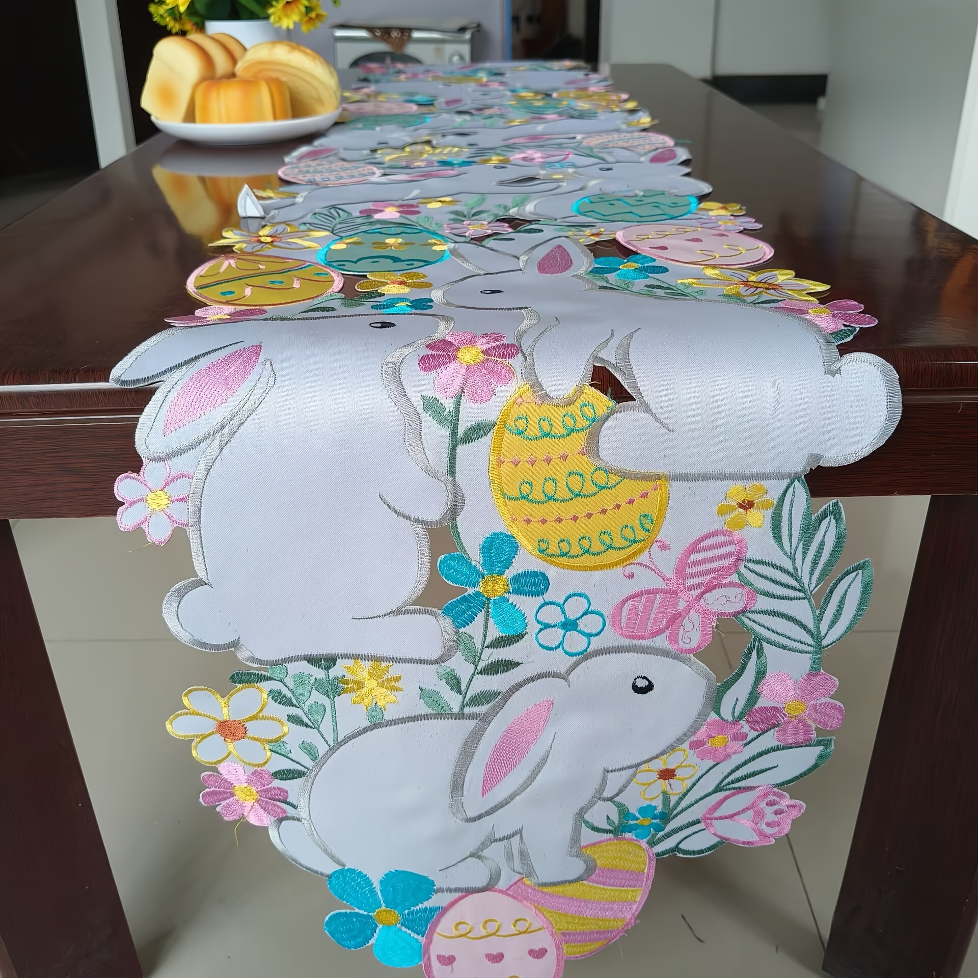 

Easter Bunny & Egg Table Runner - Floral Embroidered Polyester Tablecloth With Pastel Colors, Festive Spring Decor For Family Gatherings And Easter Celebrations, Bunny Accessories