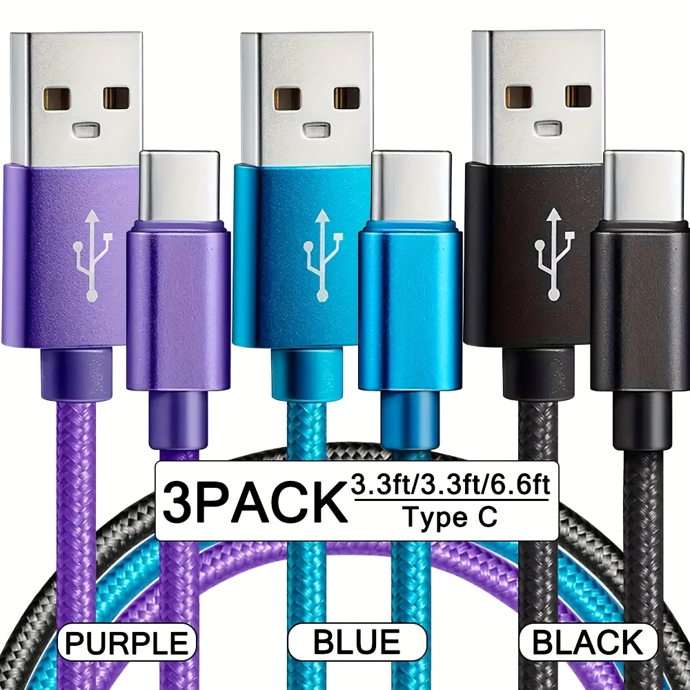 Image of 3pcs/5pcs Fast Charging Cable, Usb A To Usb C Fast Charging Cable Nylon Braided Usb-c Data Sync Cord 3pcs 3.3ft/6.6ft/10ft Usb To Type C Fast Charger Cable For /google/pixel/lg/ /oppo/moto And More