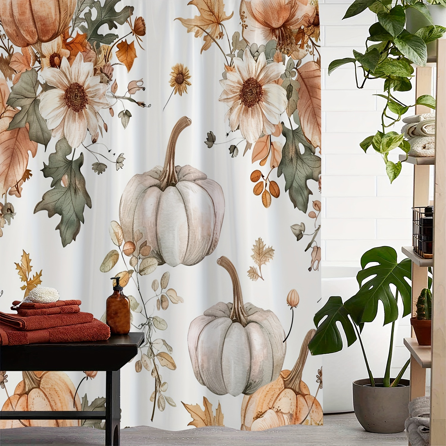 

1pc Autumn Pumpkin Floral Print Shower Curtain, Waterproof Shower Curtain With Hooks, Bathroom Partition, Bathroom Accessories, Home Decor