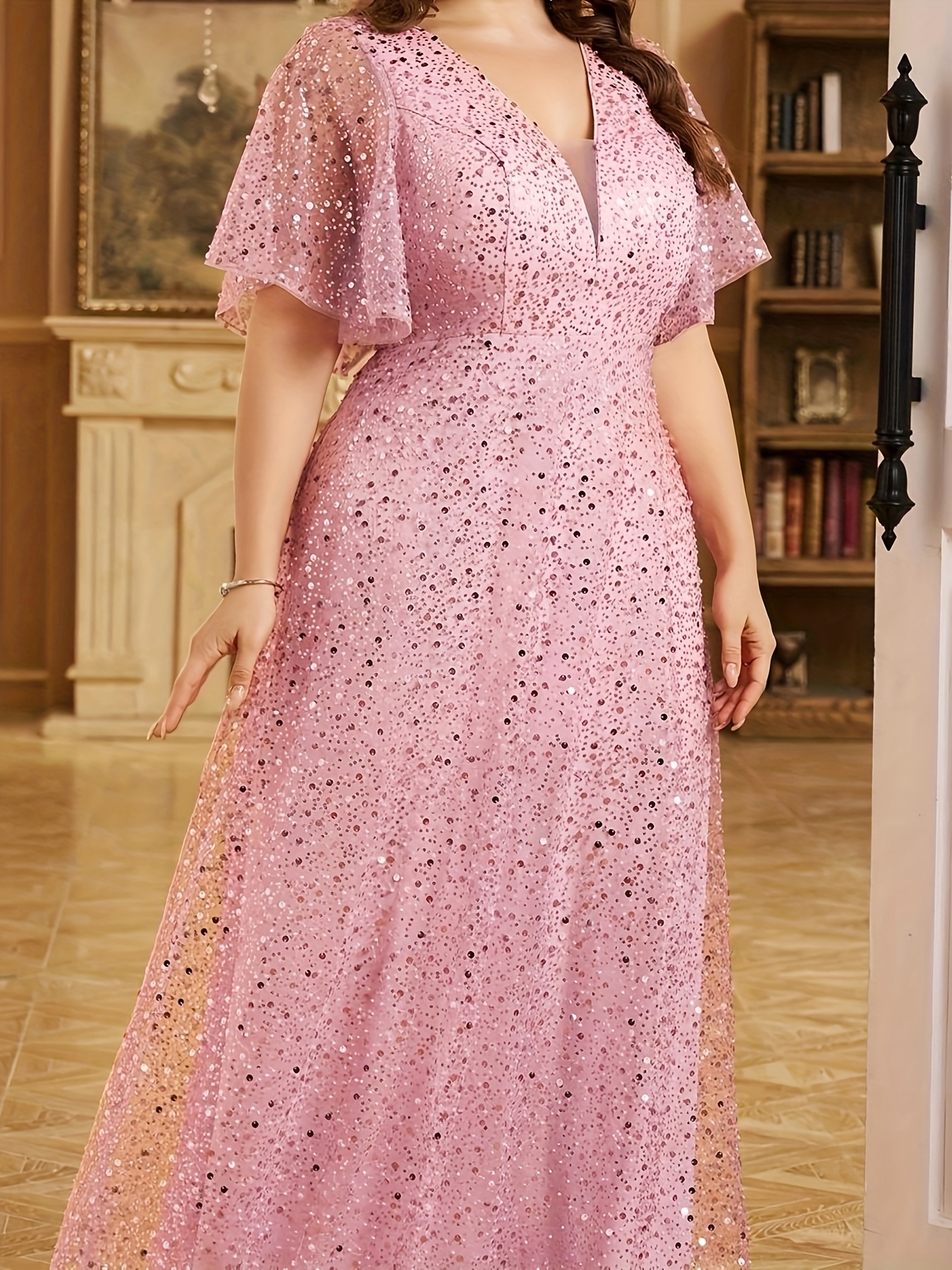 elegant pink sequin v neck gown ruffle sleeves embroidered - Temu Finland