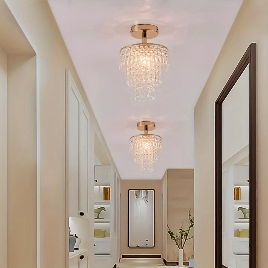 Elegant 1pc Modern Mini Crystal Chandelier - 3-Tier Raindrop Design, Adjustable Metal Ceiling Light for Bedroom, Living Room, Hallway - Semi-Flush Mount, for Switch Control, Crystal Embellished (Light Source Not Included), Ceiling Light for Living Room