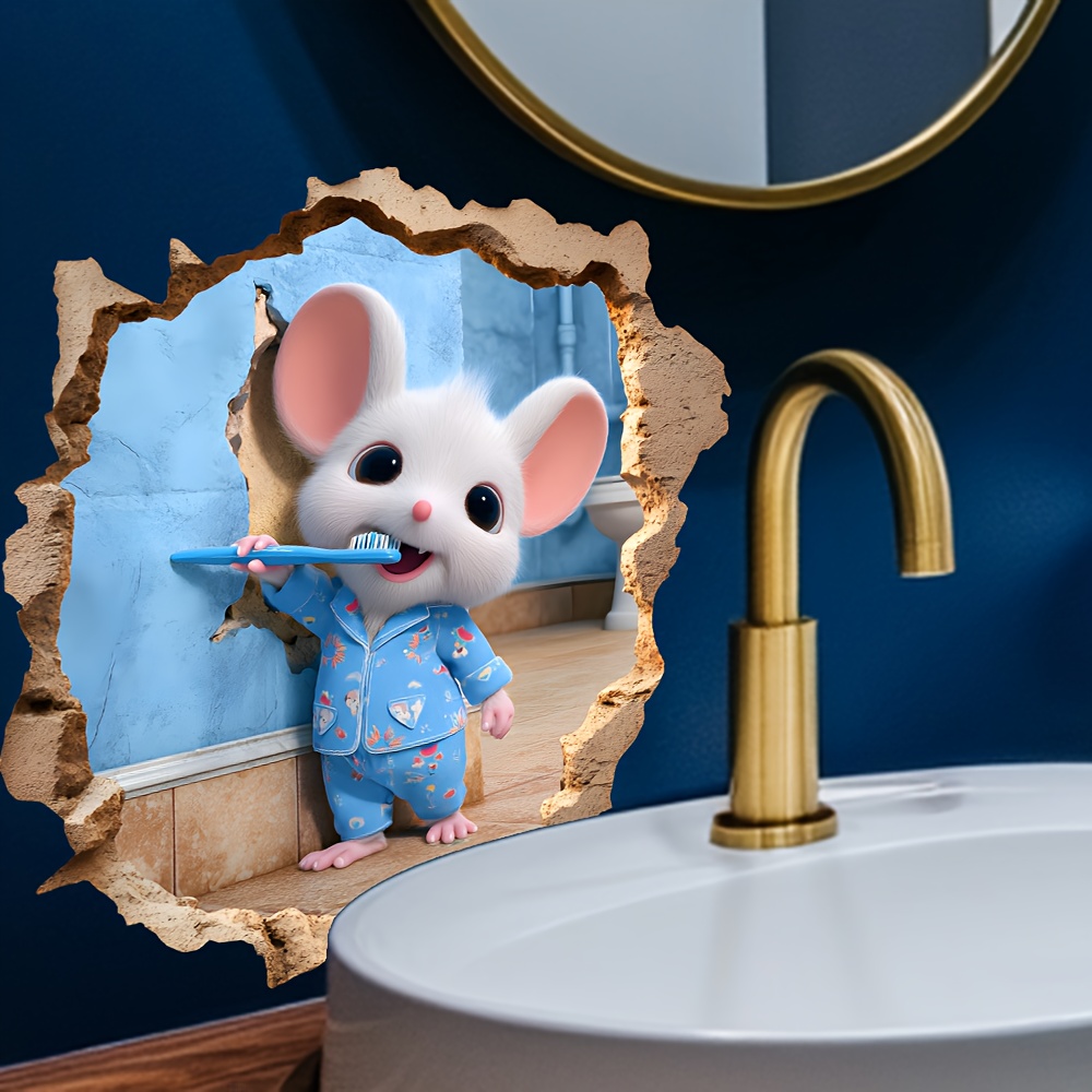 Cute 2d Brushing Mouse Bathroom Wall Sticker, Fun Children's Bathroom Decal, Adds A Pleasant Morning Activity Atmosphere To Your Bathroom, Easy To Apply