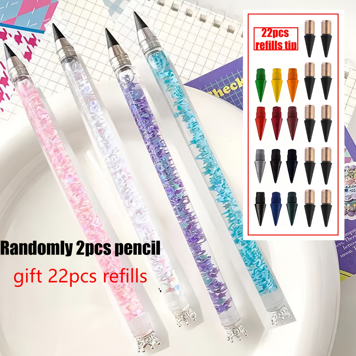 Image of Pencils Set, 24pcs/set Random 2pcs Pencils+22pcs Colored Pen Refills, Crown Quicksand Design Pencil Set, Colored Pencil, Sketch Pen, School Stationery, Office Accessories