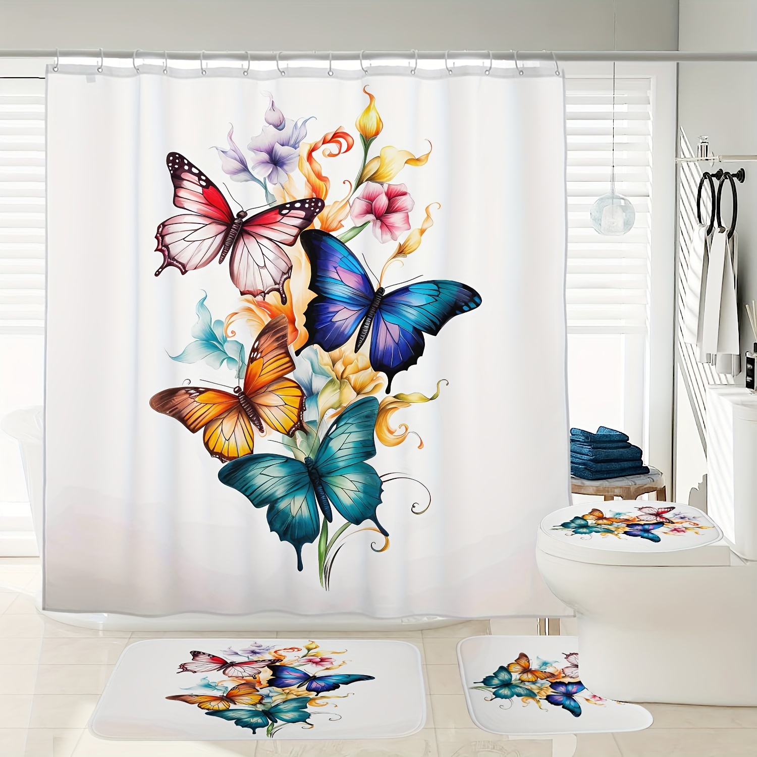 

1/3/4pcs Flower Butterfly Pattern Digital Printed Waterproof Shower Curtain Toilet Seat Bath Mat Set, With 12 Plastic Hooks, 72 Inches X 72 Inches
