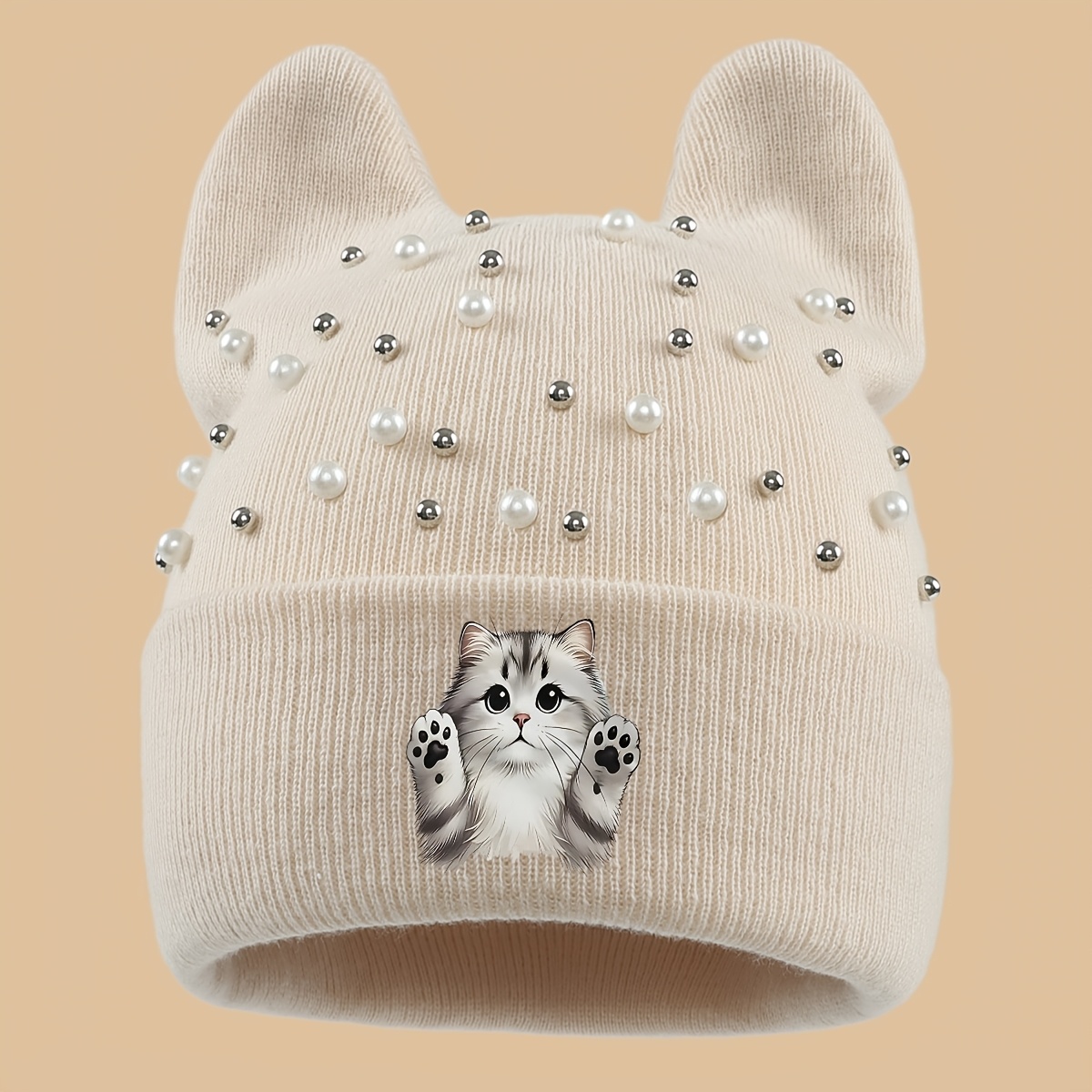 TEMU 1pc Cartoon Fashion Ear Beanie - Adorable Cute Cartoon Cat Print Design, Lightweight And Warm, Unisex. Perfect For Cat Lovers, Ideal As A Daily