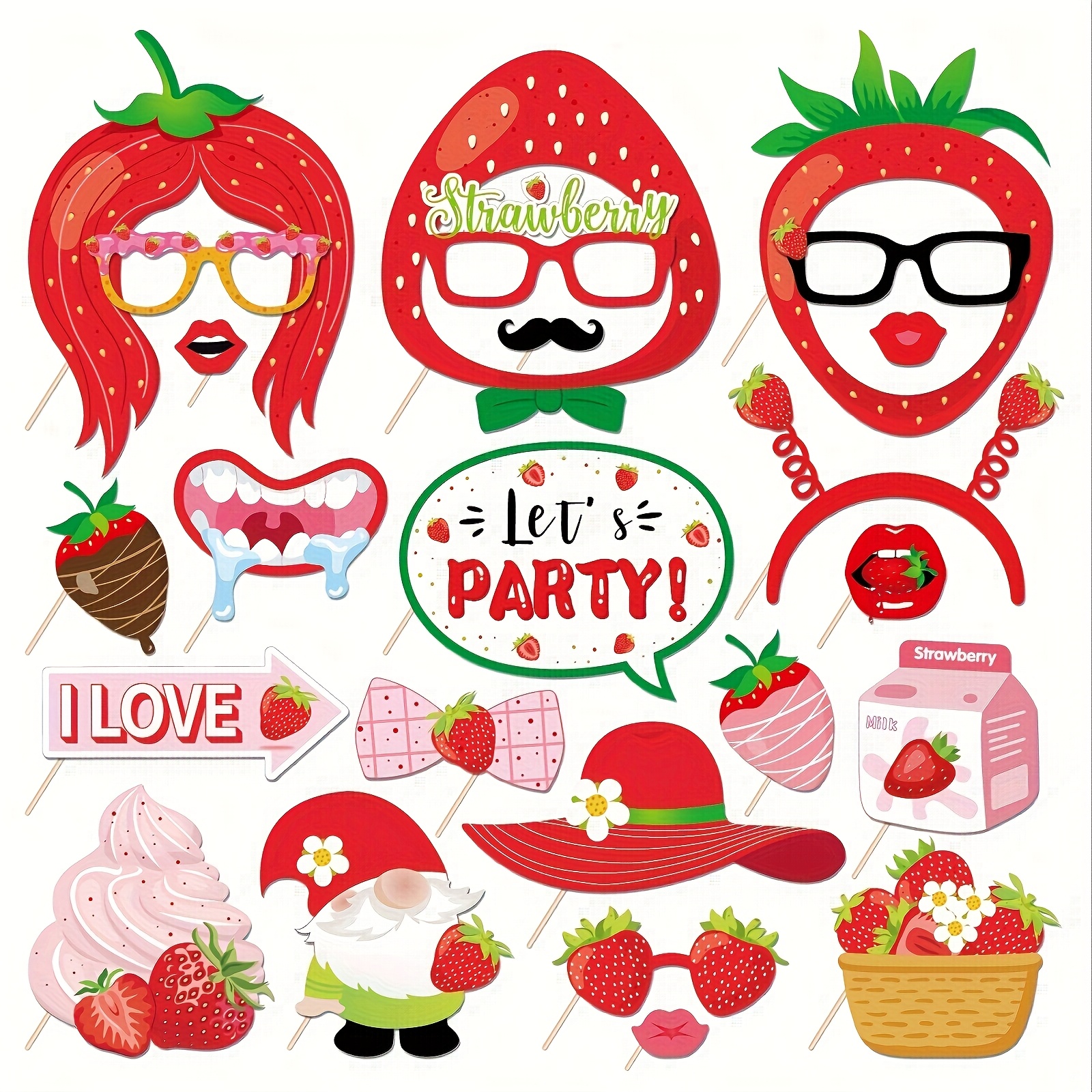 Image of 25pcs Booth Props With Stick, Theme Selfie Props, Strawberries Shortcake Birthday Party Supplies, Summer Fruit Photography Backdrop Decorations