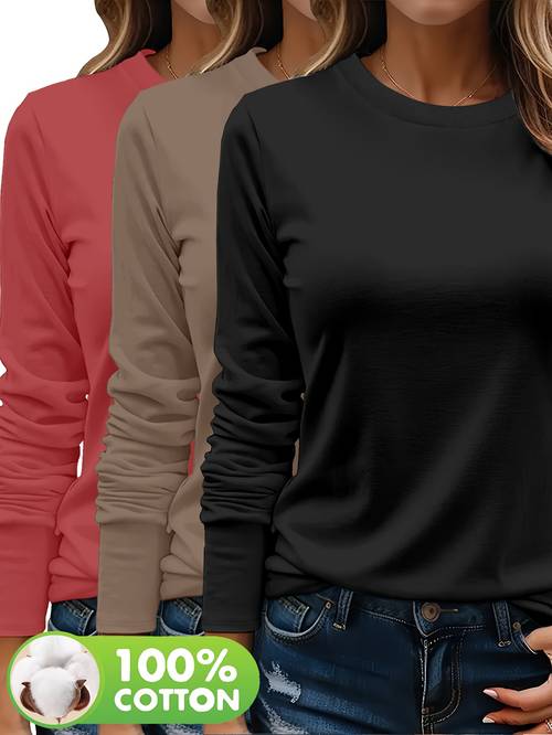 Artikelbild 3er set damen 100% schwere herbst winter neue langarm t-shirts, ganzjahres maschinenwaschbarer stil, täglicher , modisches einfaches design, exquisite handwerkskunst, strapazierfähiges gewebe, weiches material, bequeme