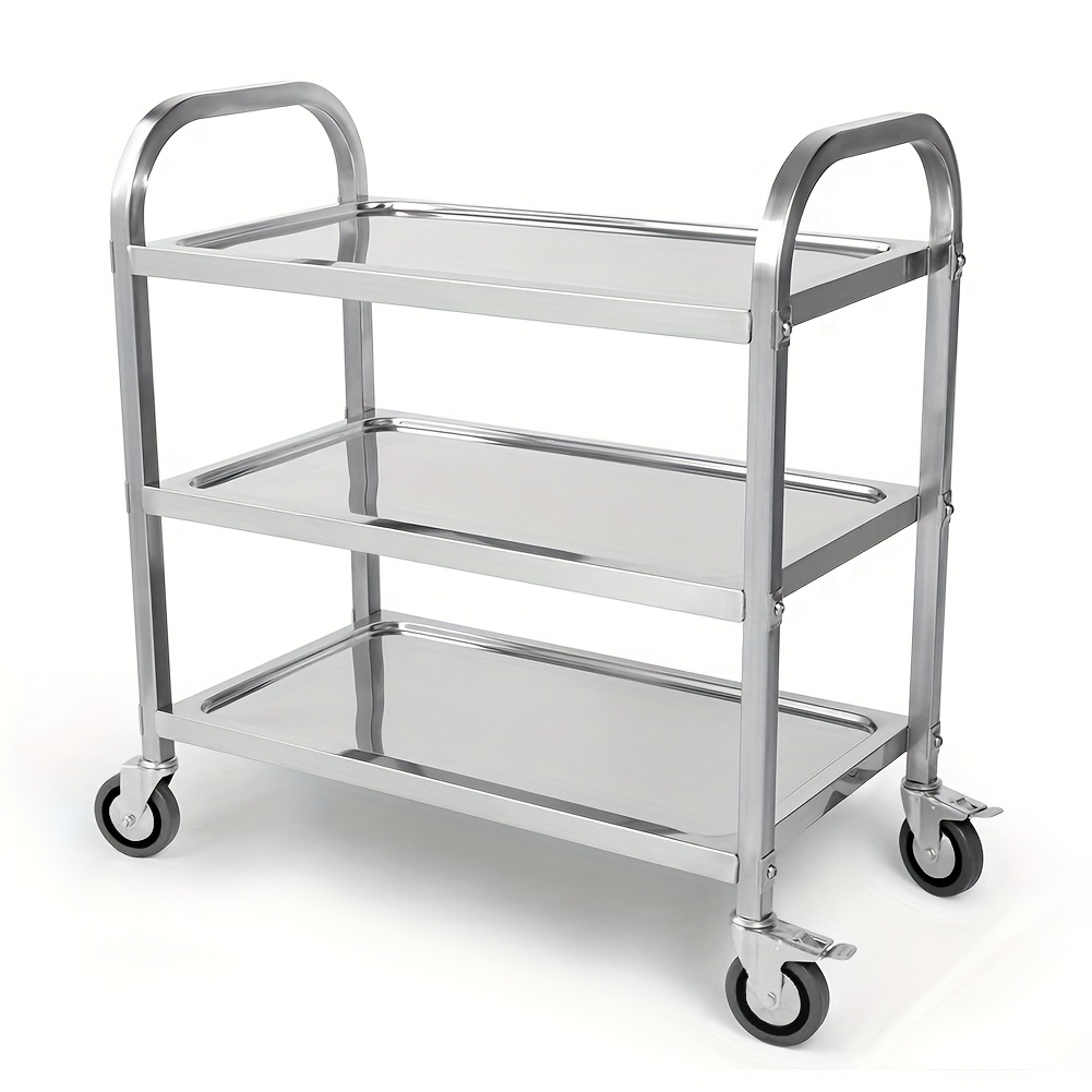 Sturdy 304 Stainless Steel Utility Cart Featuring Locking Wheels, Measuring 95x50x95cm, Ideal For Commercial Use In Restaurants, Offices, And Homes, Serving As Storage Solution