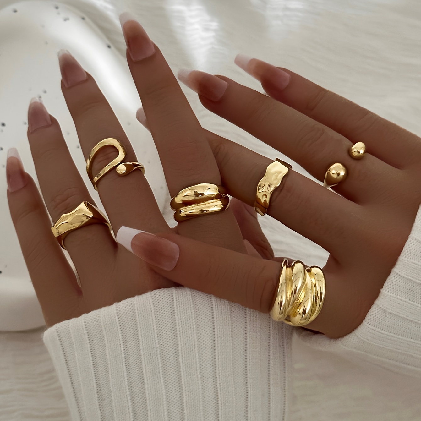 TEMU 6pcs Hand-polished Kc Golden-plated Alloy Stackable Ring Set - Elegant Minimalist Wide Band & Irregular Statement Rings For Women, Everyday &