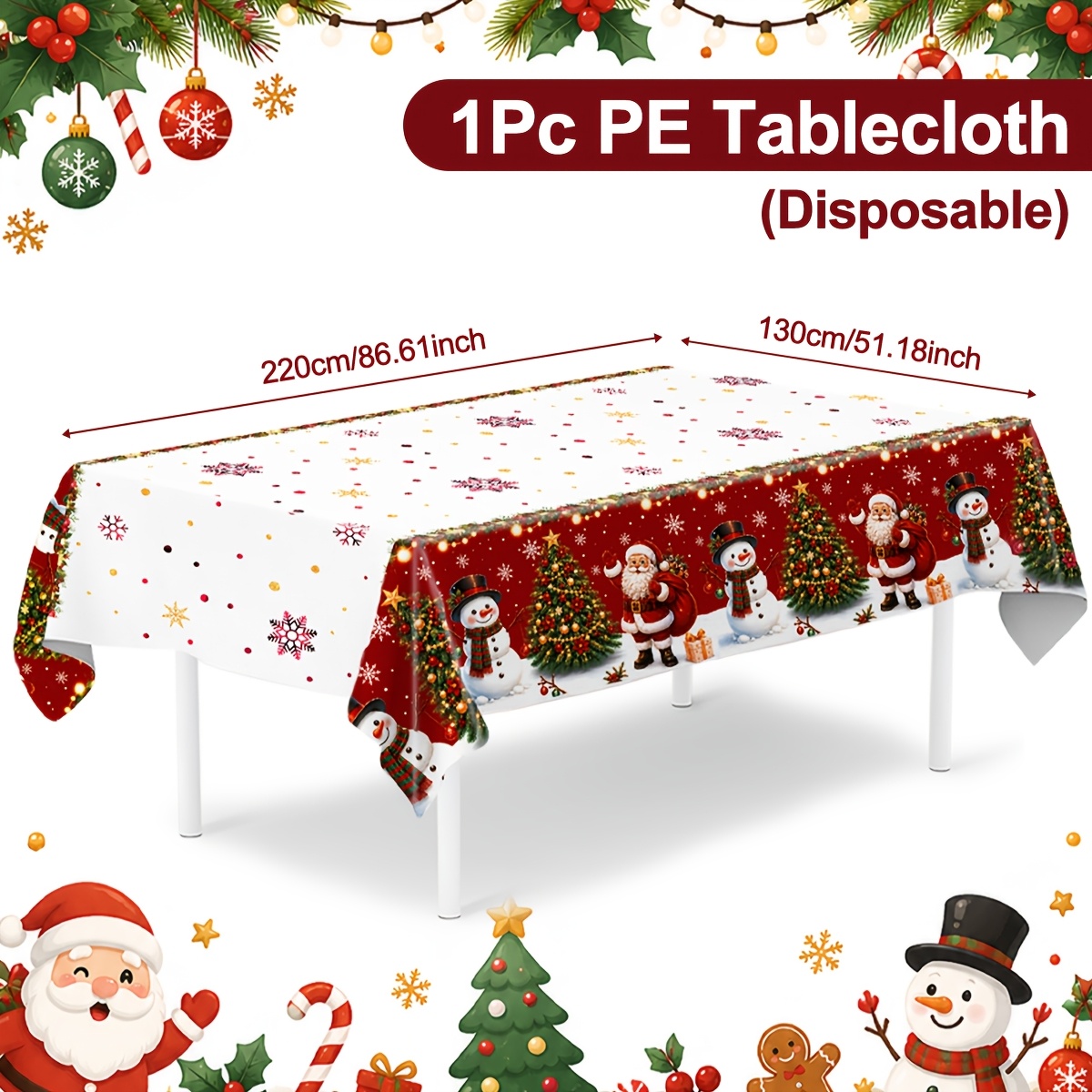 TEMU 1pc, Christmas Disposable Pe Tablecloth, 130 X 220cm, Santa Claus Christmas Tree Pattern Tablecloth, Merry Christmas Decoration For Home, Noel