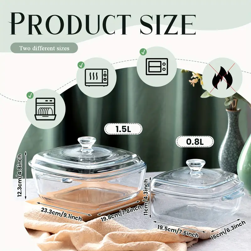 2pcs glass casserole dish with lid baking casserole dish covered cookware microwave bowls with handle for kitchen party cooking oven safe square 0 8l 1 5l details 2
