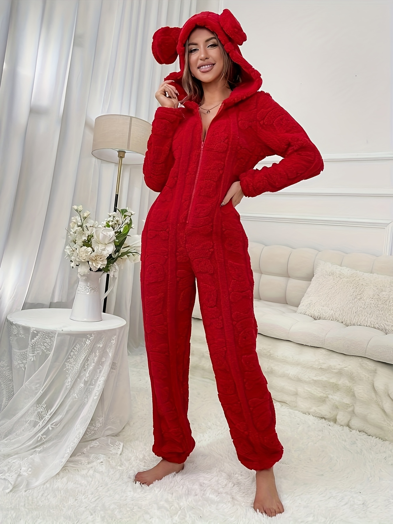 womens bunny costume plush onesie with hood zipper closure   adult onesie for christmas valentines day themed parties machine washable loungewear halloween outfit   attire     texture fabric Product details 2
