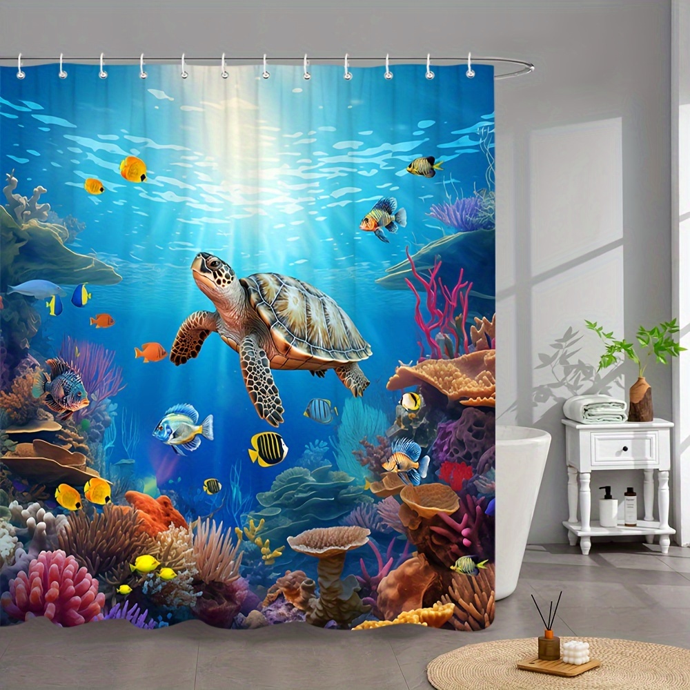 Turtle Shower Curtain, Blue Teal Ocean Bath Curtain Fish Underwater Animal  Seashell Jellyfish Coastal Theme Bathroom Decor Tropical Fish Shower