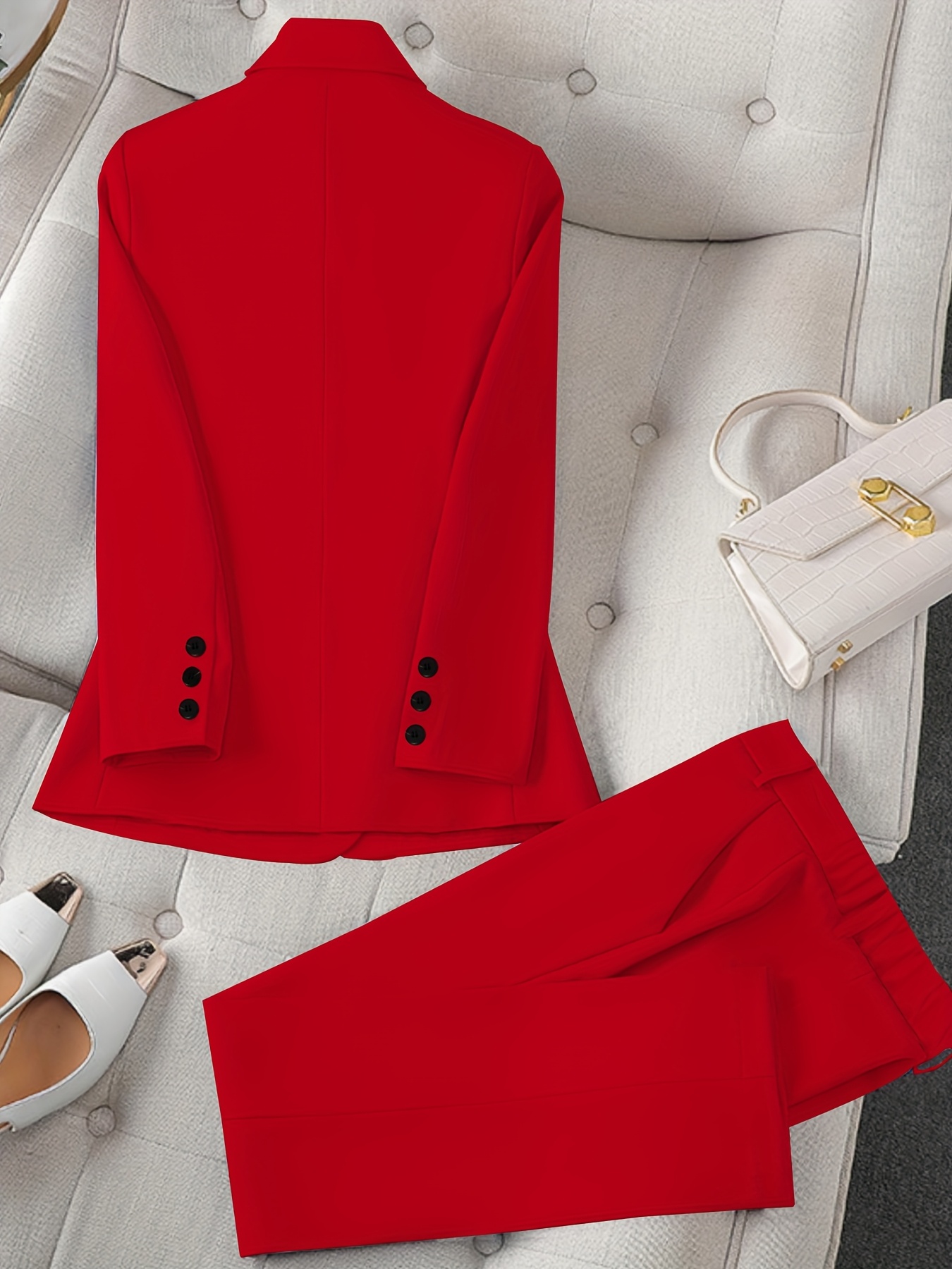 Women'S Casual Two-Piece Set, Fashionable Business Style, Solid Color Long Sleeve Blazer and Pants, Polyester, Button-Up, Regular Fit, with Weekend Casual Wea