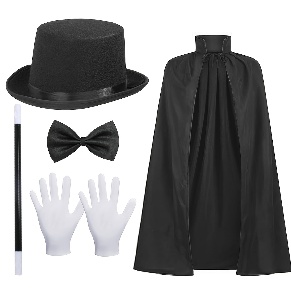 Costume Magicien Adulte 4 Pièces – Chapeau Haut-de-Forme, Baguette, Gants & Nœud Papillon | Kit Halloween Cosplay Fête à Thème