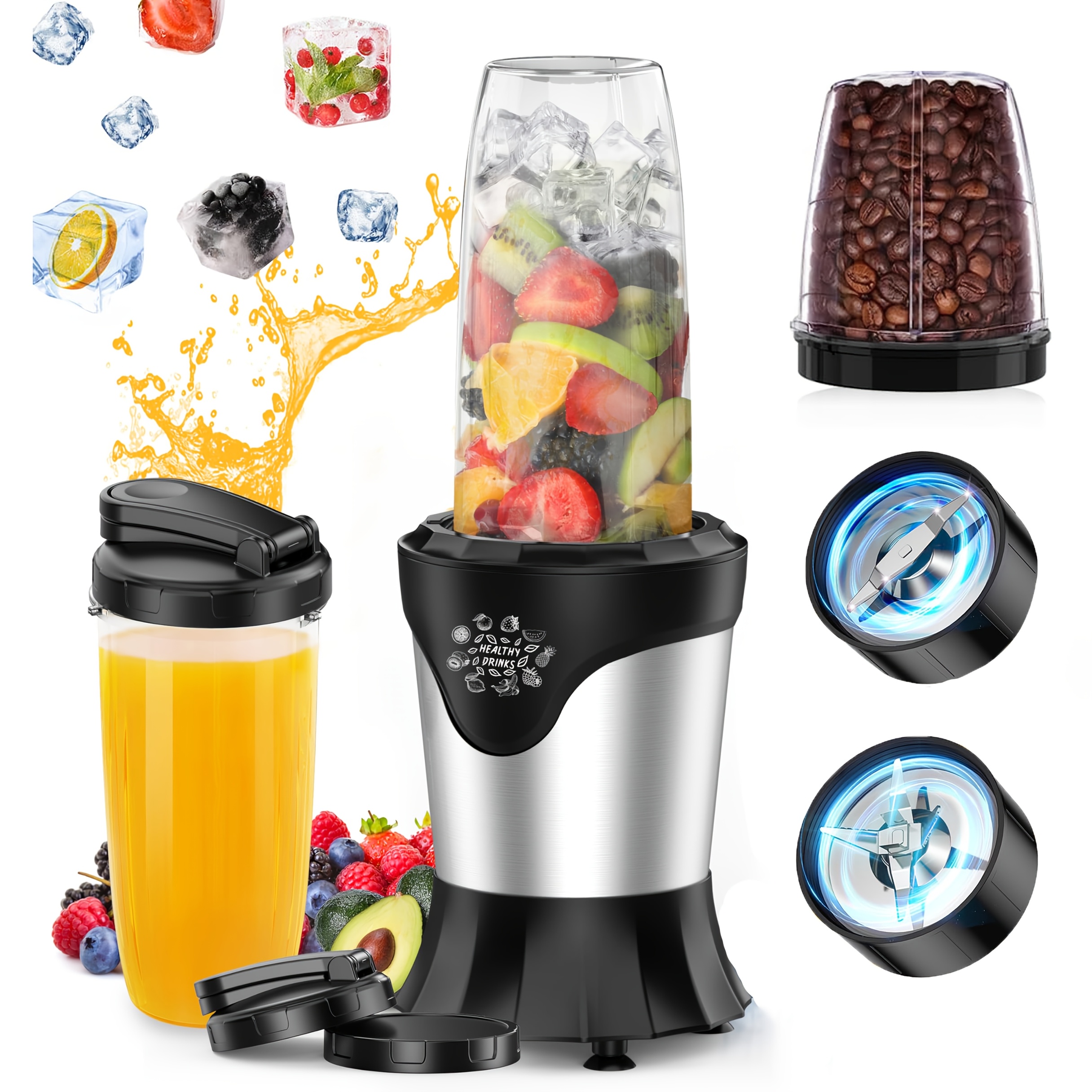 Portable With 1100w Power For Making Shakes And Smoothies, Comes With 2 22oz Cups And Lids, Includes A Portable Coffee Grinder And A 10oz Bpa-free Travel Cup, Countertop Mixer Blender
