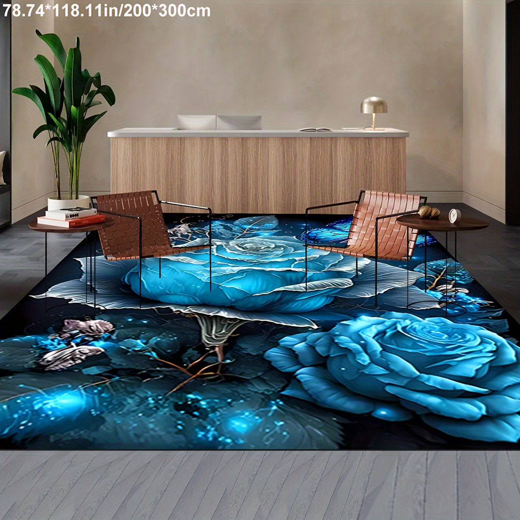 

Blue Rose Pattern Area Rug - , 800gsm, Non-slip Backing, Living Room, Bedroom, Kitchen, And More - Machine Washable Home Decor Carpet