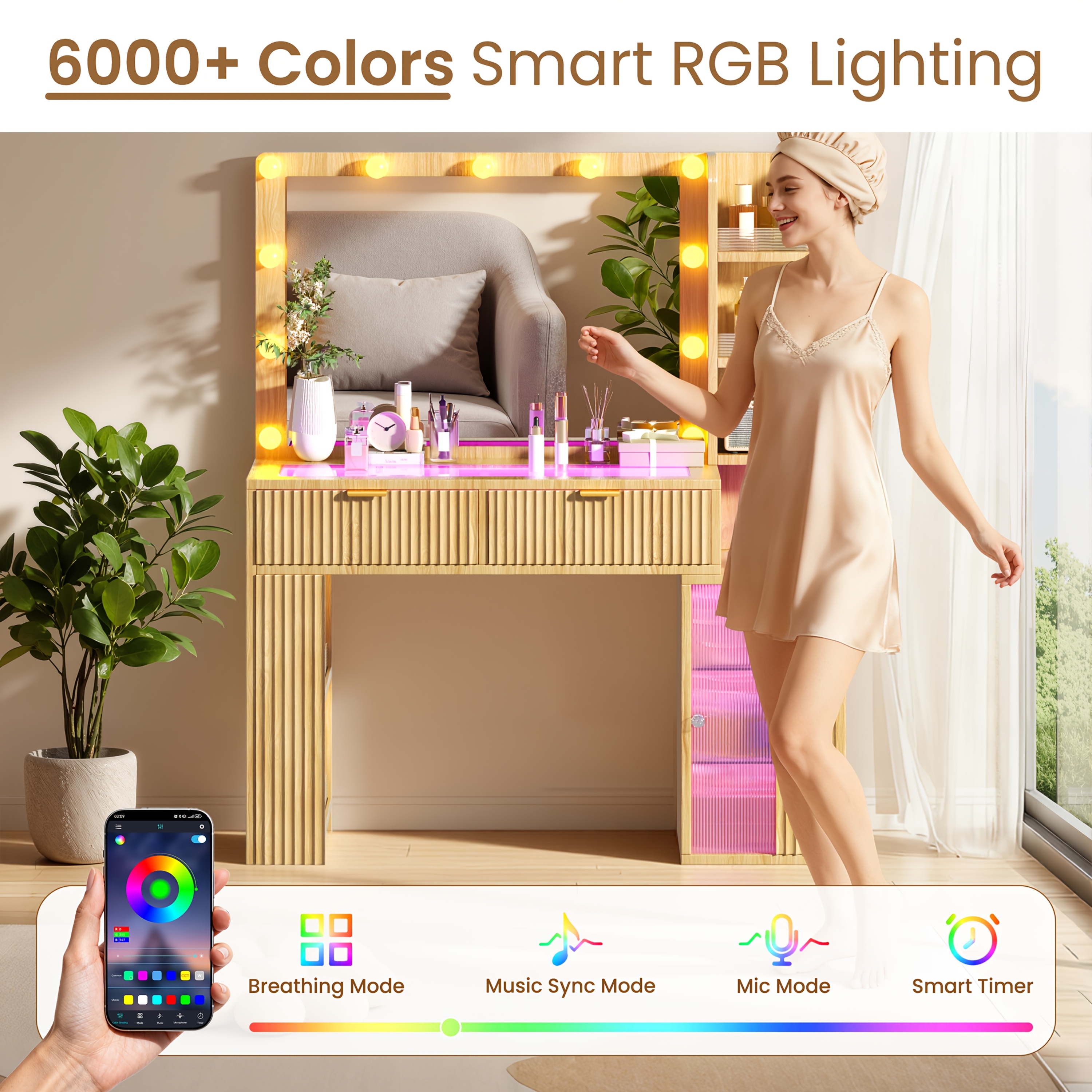 Hollywood Style Makeup Vanity Desk with Large 37