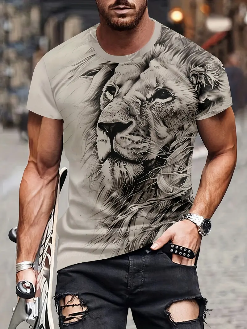 mens retro style cool lion pattern t shirt crew neck and short sleeve tee chic and stylish tops for summer street and sports leisurewear details 0