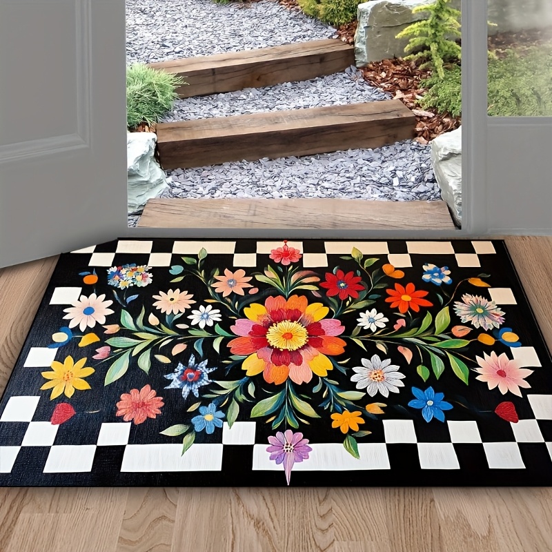 TEMU Colorful Floral Pattern Doormat With Black & White Checkered Border - Non-slip, Machine Washable, Ideal For Entryway, Kitchen, Patio - Decor