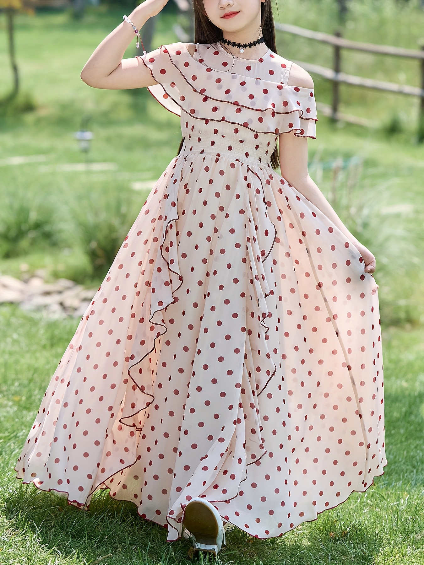 Meisjes Off-the-Shoulder Lange Jurk Elegante Feest- en Alledaagse Formele  Jurken in Zacht Rode Stippen, Niet-Rekbare Stof voor Bruiloften,