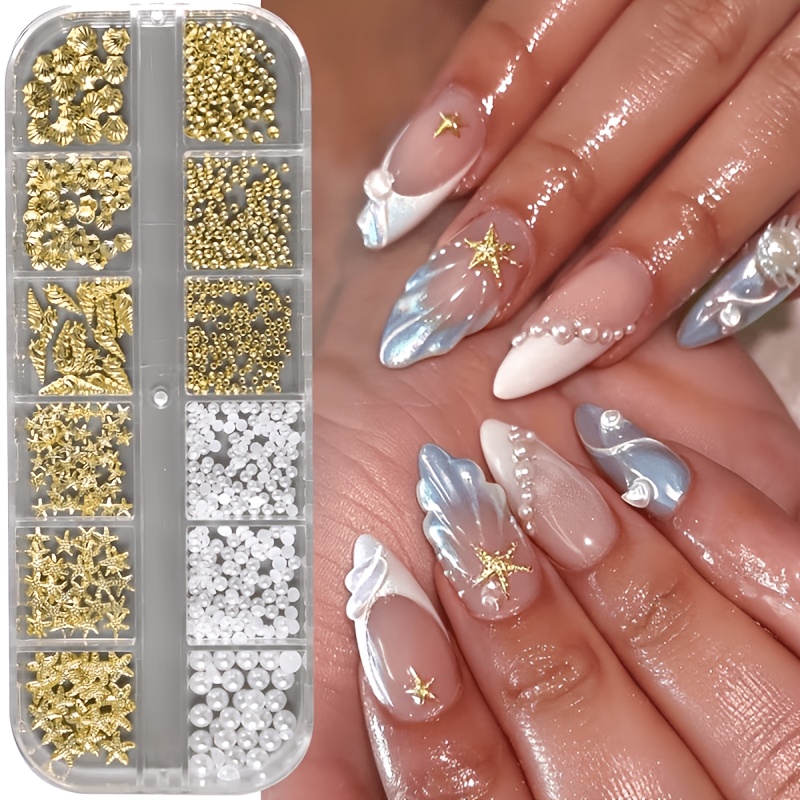 TEMU Lot de 12 Grilles à Ongles Thème Océan, Rivets de Bijoux, Multi-Stylé, Doré, , Étoile de Mer, Clous, Rivets, Articles Décoratifs pour Ongles