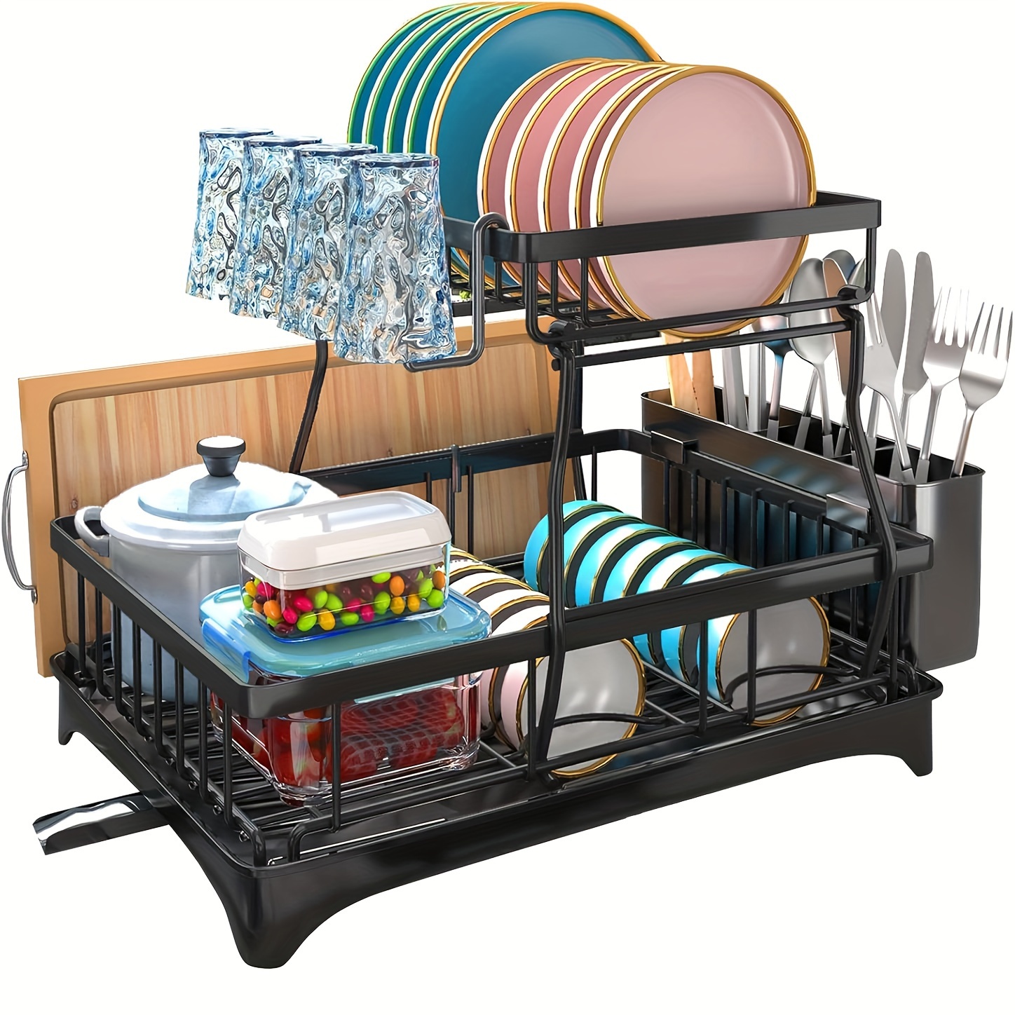 TEMU Dish Drying Rack, 2-tier Dish Racks For Kitchen Counter, Dish Rack With & Mat, Dish Drainer With Knife, Fork & Cup Rack, Gifts For Women, Day, Cool Stuff & Kitchen Gadgets