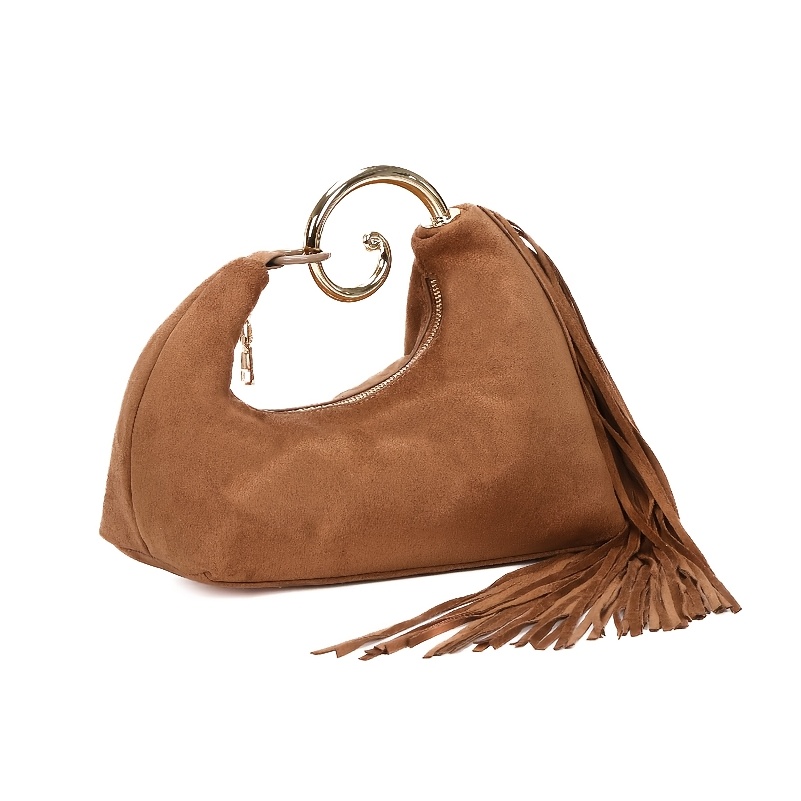 A Luxurious Suede Handbag for The Fall And Winter Seasons, Featuring a Stylish Vintage Tassel Design Available in Four Colors (Burgundy, Purple-Brown, Coffee), with an Optional Premium Texture, an Elegant Tassel Handbag