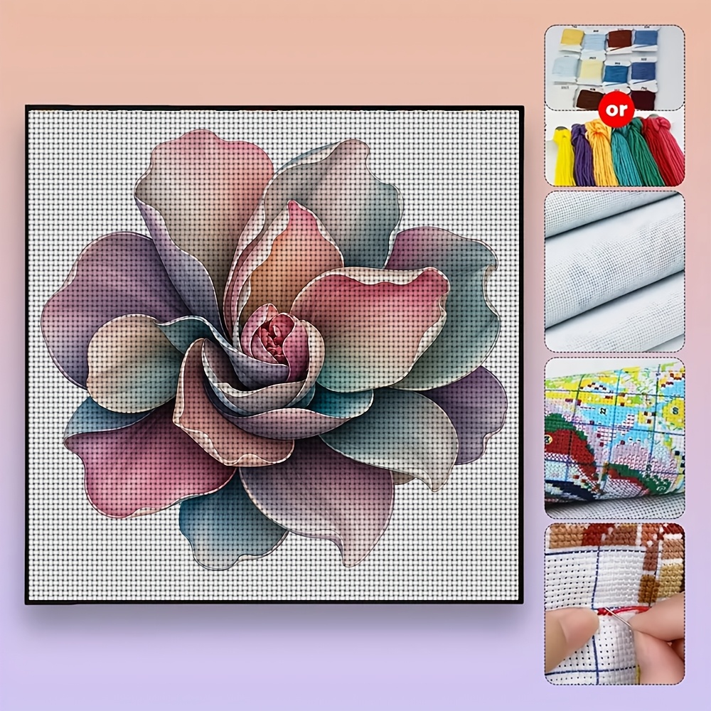 New DIY Cross-Stitch Printed Kit, Frameless Colorful Gradient Petal Flower Pattern