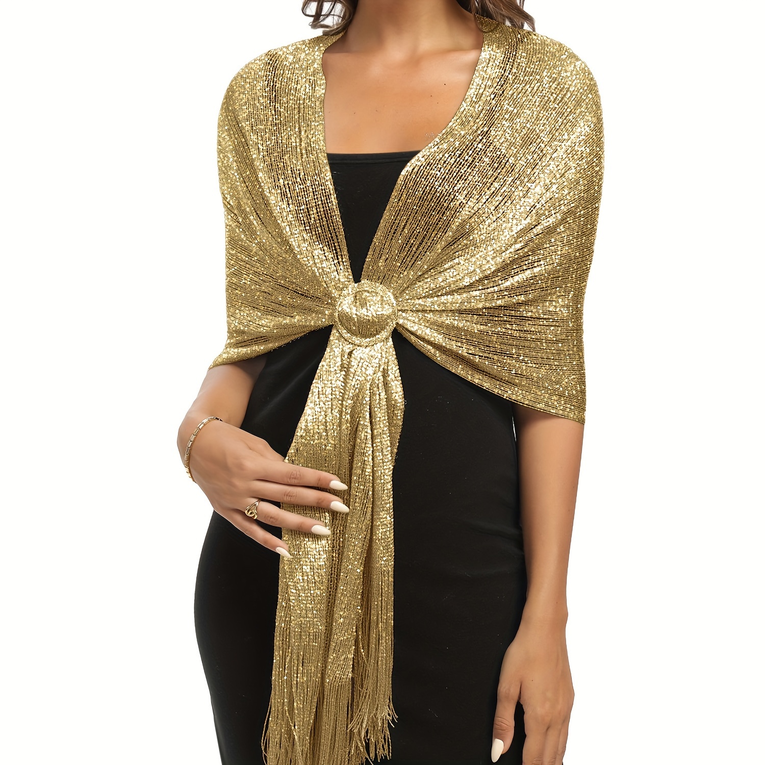 

Sparkling Metallic Shawls Round Buckle Tassel Wraps Scarf For Evening Party Dresses Wedding Party