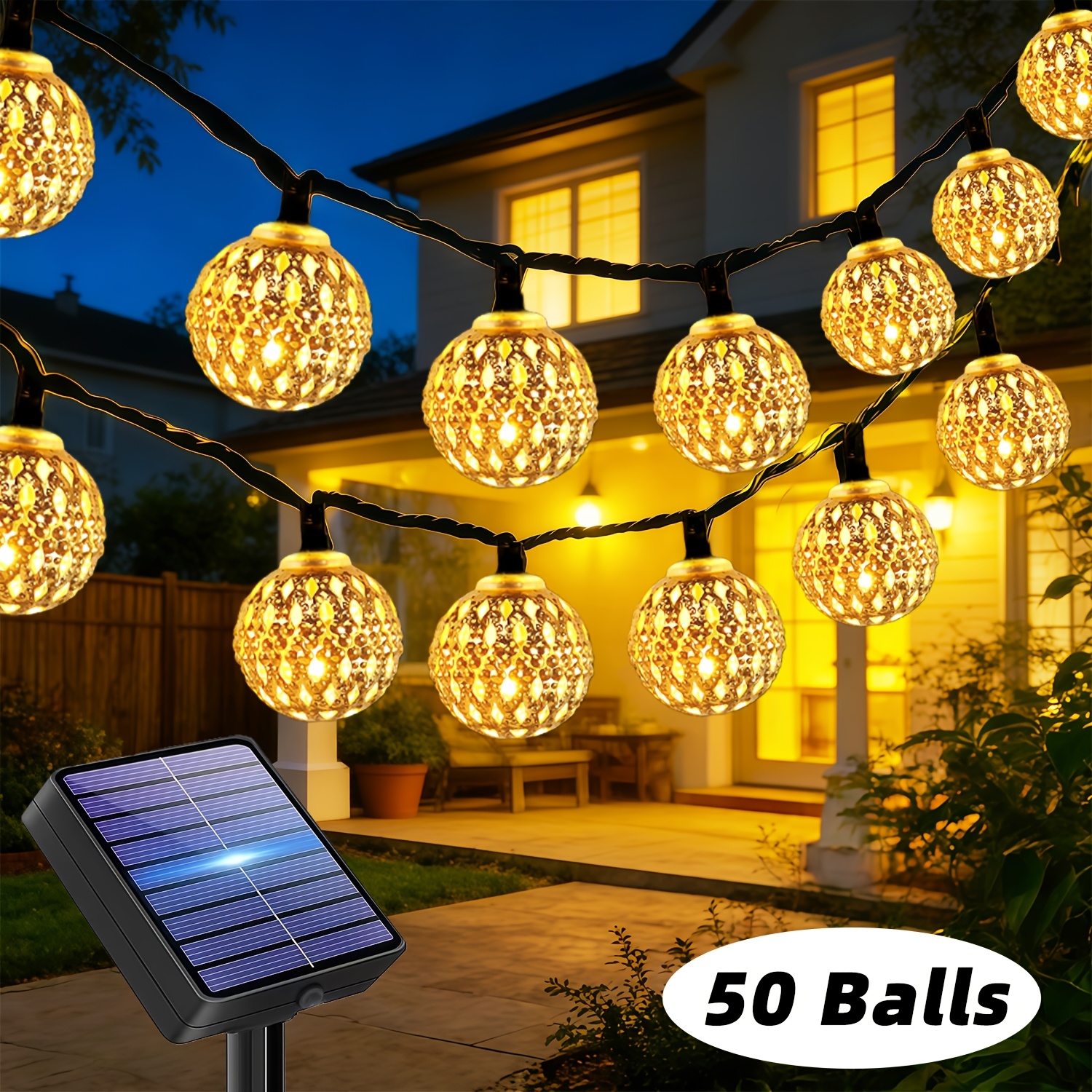 E-shop Solarbetriebene marokkanische Kugel Lichterkette, 50/20 LED Lichterketten, Garten Dekorations Lichterketten, 12 Blinkmodi, Geeignet für