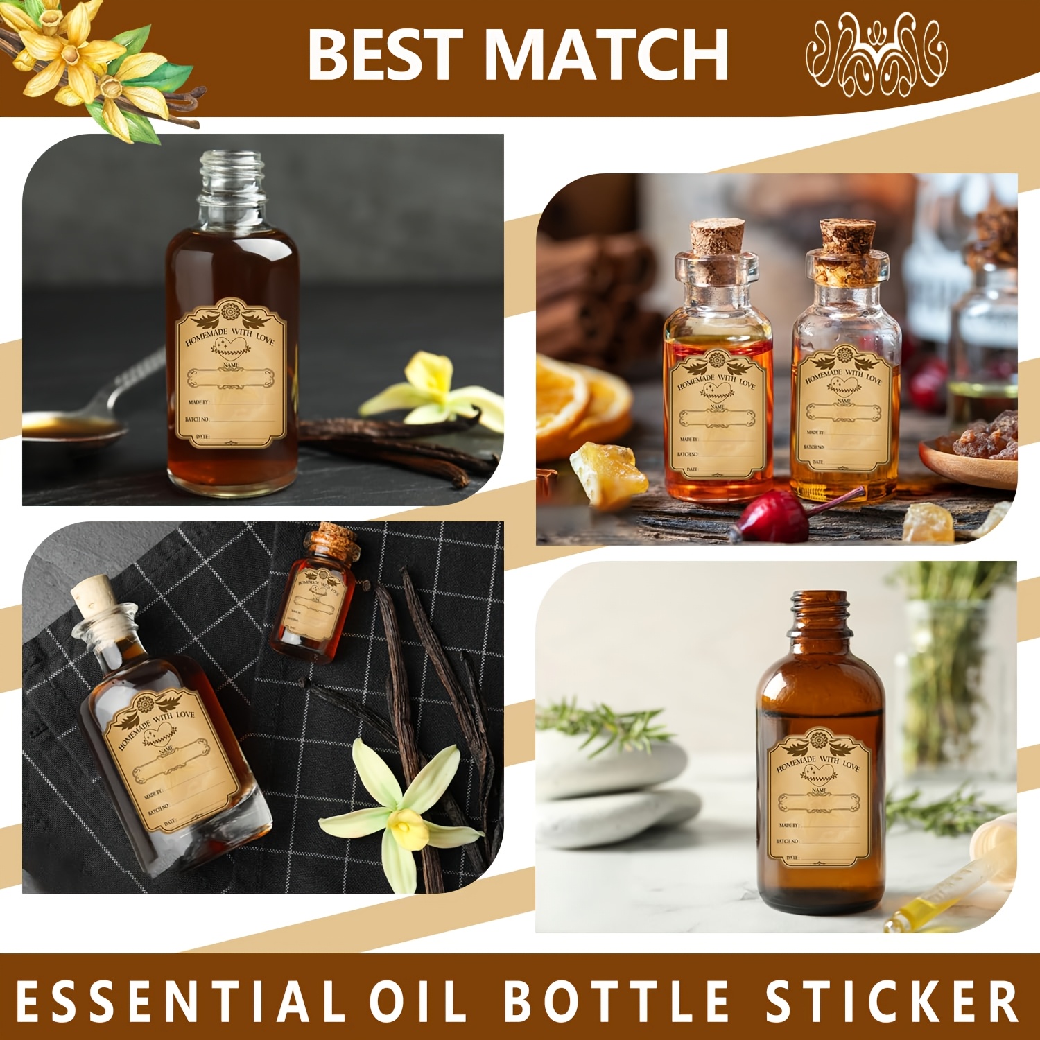 Image of Exquisite Designed Bottle Stickers, Vintage Labels, Suitable For 8oz, 16oz Bottles, Self-adhesive Gift Label Stickers, For Essential Oil Bottles, Jars, Food Containers (2.95 X 2.16 Inches)