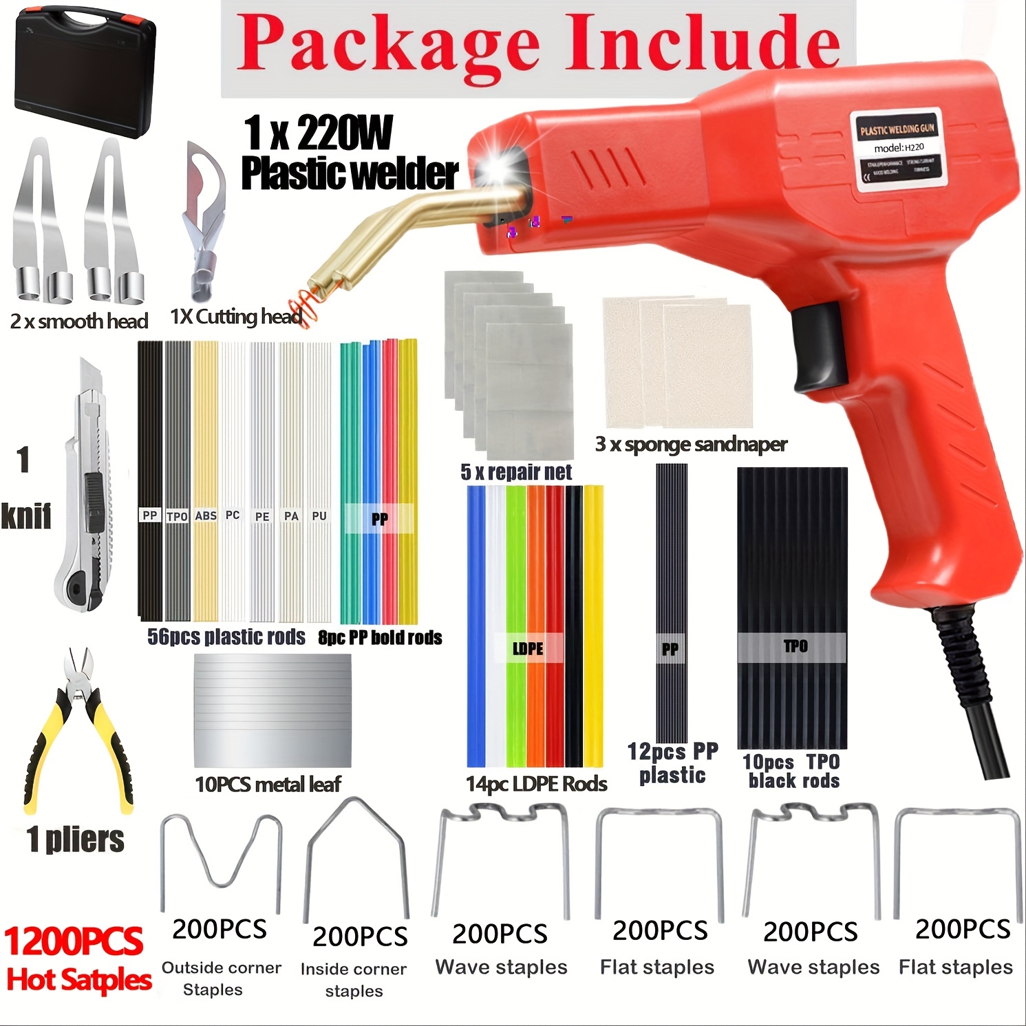   220w plastic welder kit hot cutting knife head 1200pcs stapler repair set with 100pcs rods 6 types of   for car bumper plastic repair power supply type c plug no battery required