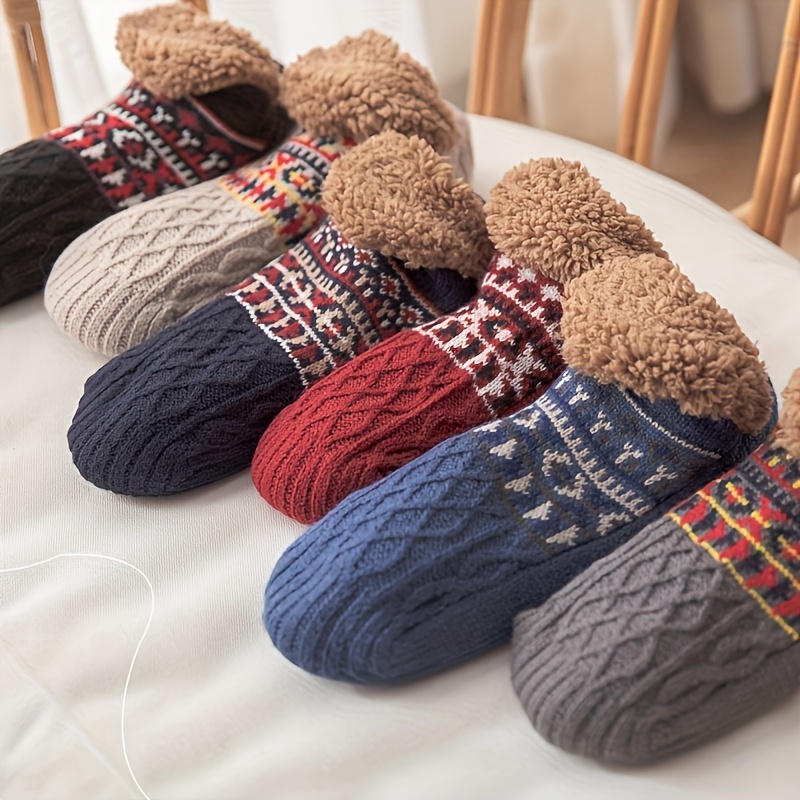 

Comfortable And Soft Men's Knitted Socks - Warm And Non-slip, Striped Winter Slippers, With Lambswool , Suitable For Cold Weather In Winter And Autumn